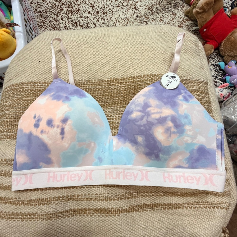 Hurley Wirefree Bra 38C Tie Dye Purple Blue Pink Logo Band Wireless Padded NWT